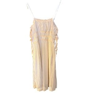 BTFL-life Women Cream Eyelet Midi Dress Side Tie Cottagecore Small Cotton Beige
